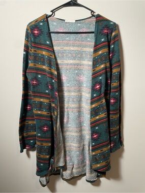Open Front Aztec-Print Cardigan Sweater - Teal Multi Womens M